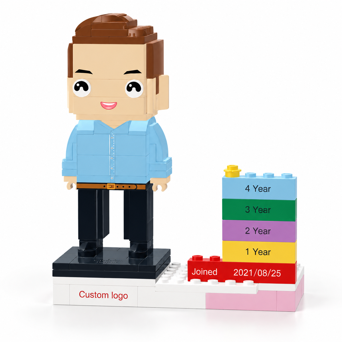 MadeMine personalized employee award brick figure with custom name, logo, and date for corporate recognition gifts.