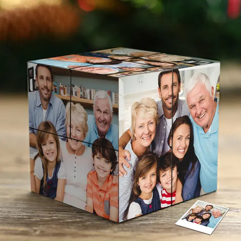 MadeMine personalized photo cube with wooden base, featuring multiple photo panels in an infinity folding design, ideal for custom gifts
