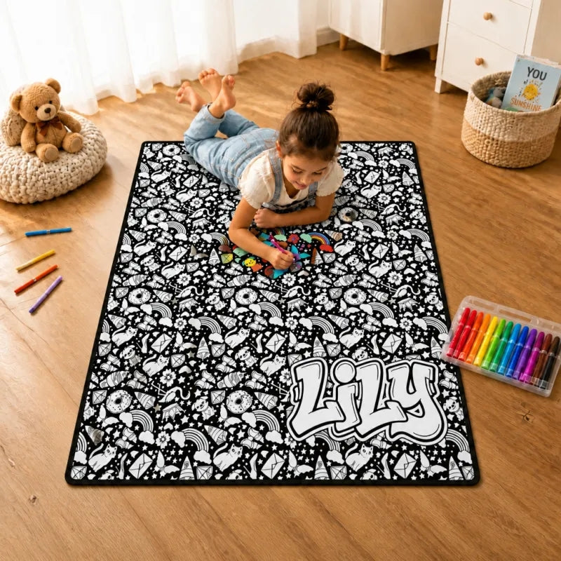 Blanket with colorful drawings and custom text, featuring 24 markers for DIY art projects, made by MadeMine for kids and adults.