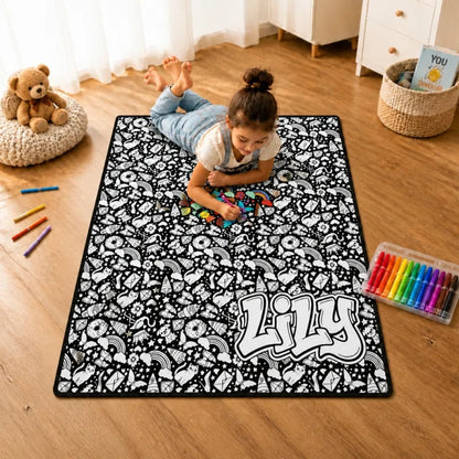 Blanket with colorful drawings and custom text, featuring 24 markers for DIY art projects, made by MadeMine for kids and adults.