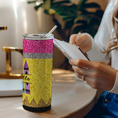 Personalized Glitter Apple Teacher Tumbler – 20oz Skinny with Lid & Straw