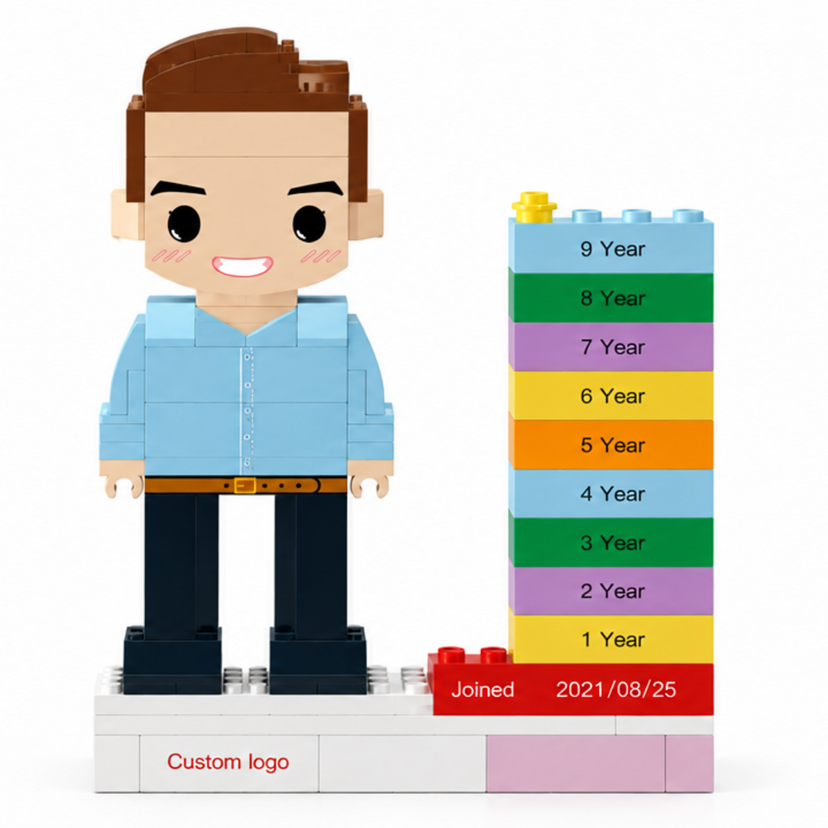 MadeMine personalized employee award brick figure with custom name, logo, and date for corporate recognition gifts.