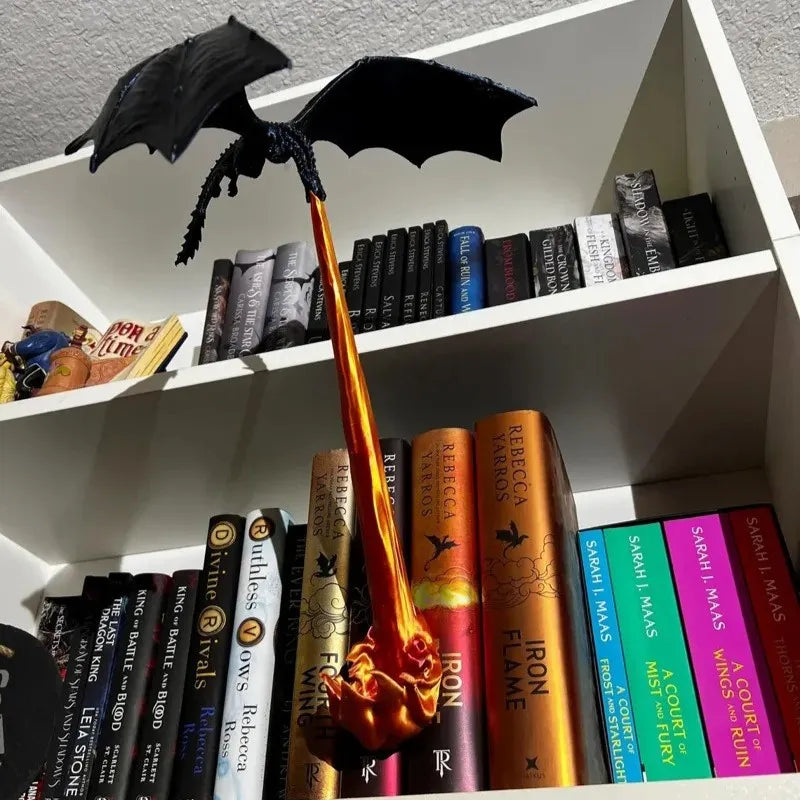 MadeMine Halloween Dragon Flame Book Nook with glowing fire dragon, spooky fantasy bookshelf insert, LED light, perfect for haunted home decor.