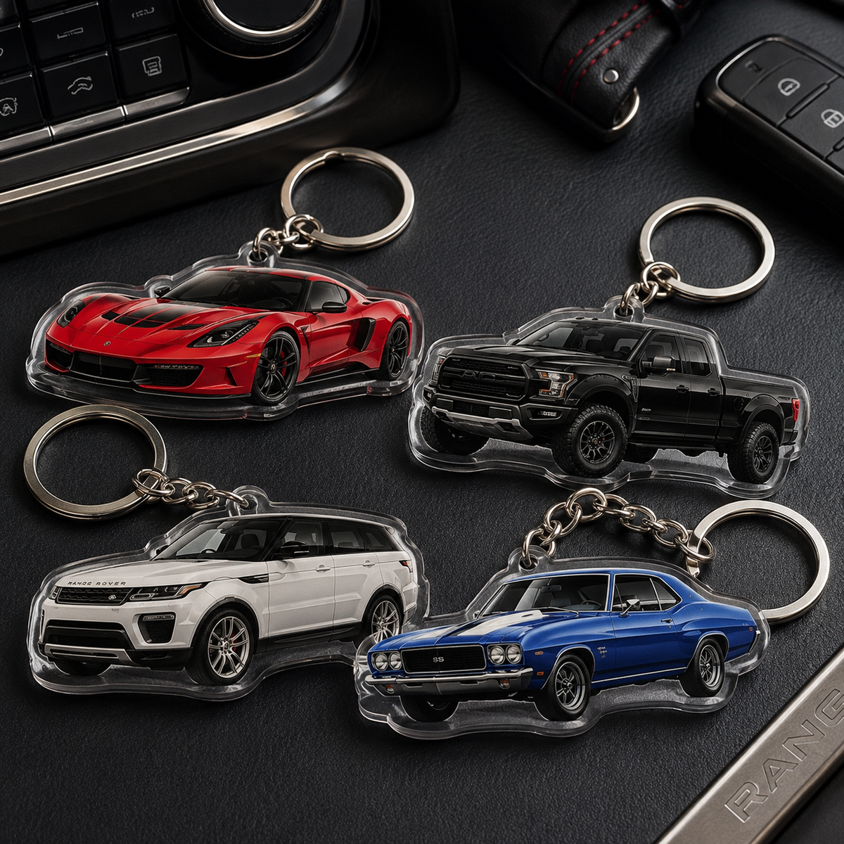 Personalized MadeMine acrylic car-shaped keychain with custom photo design, perfect as a unique vehicle-shaped gift accessory.