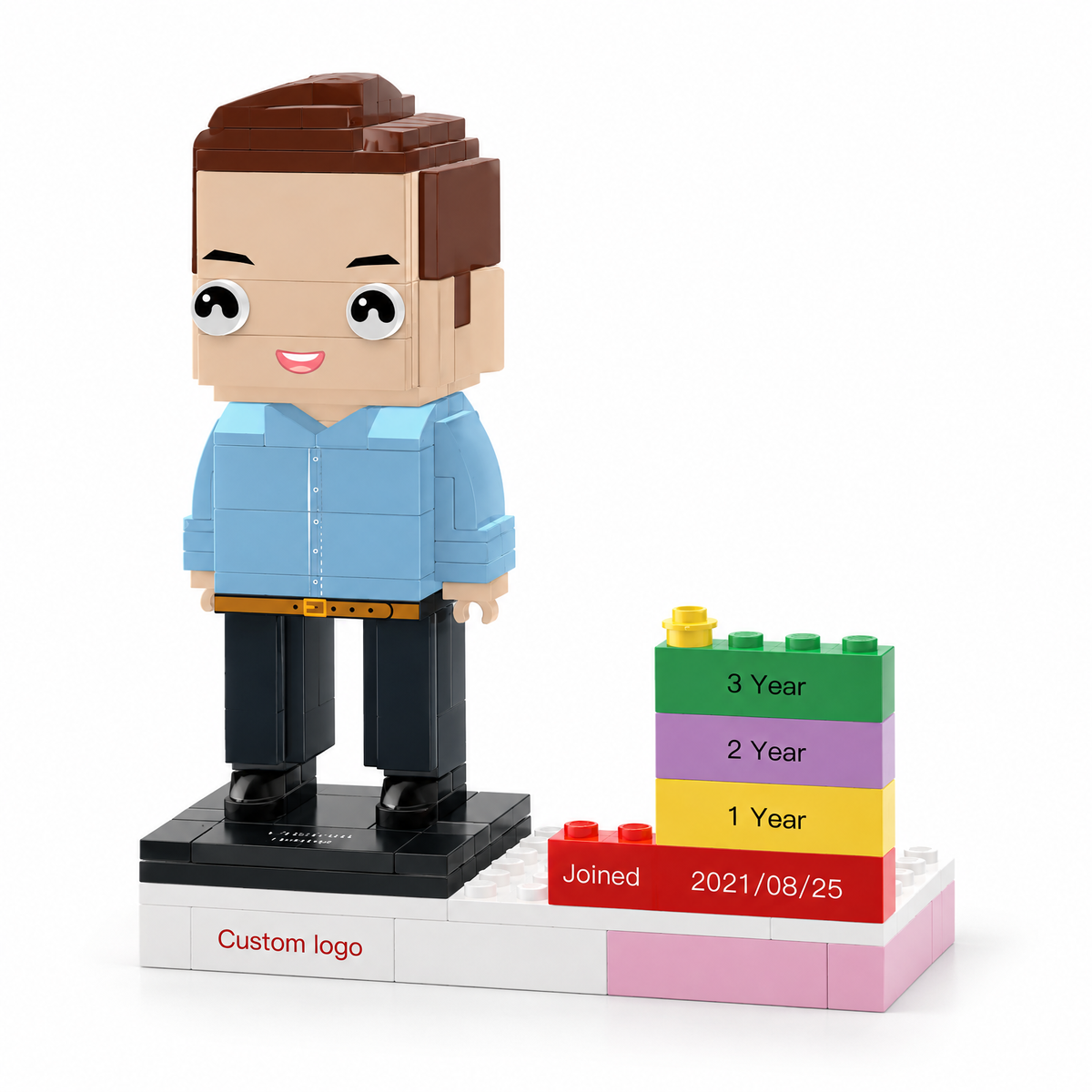 MadeMine personalized employee award brick figure with custom name, logo, and date for corporate recognition gifts.