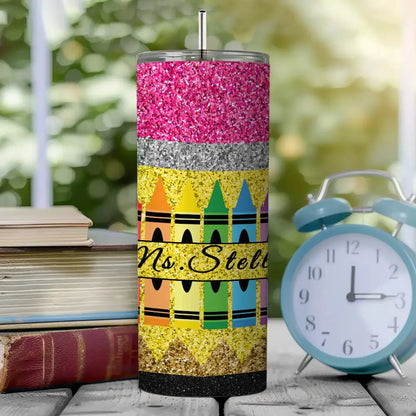 Personalized Glitter Apple Teacher Tumbler – 20oz Skinny with Lid & Straw