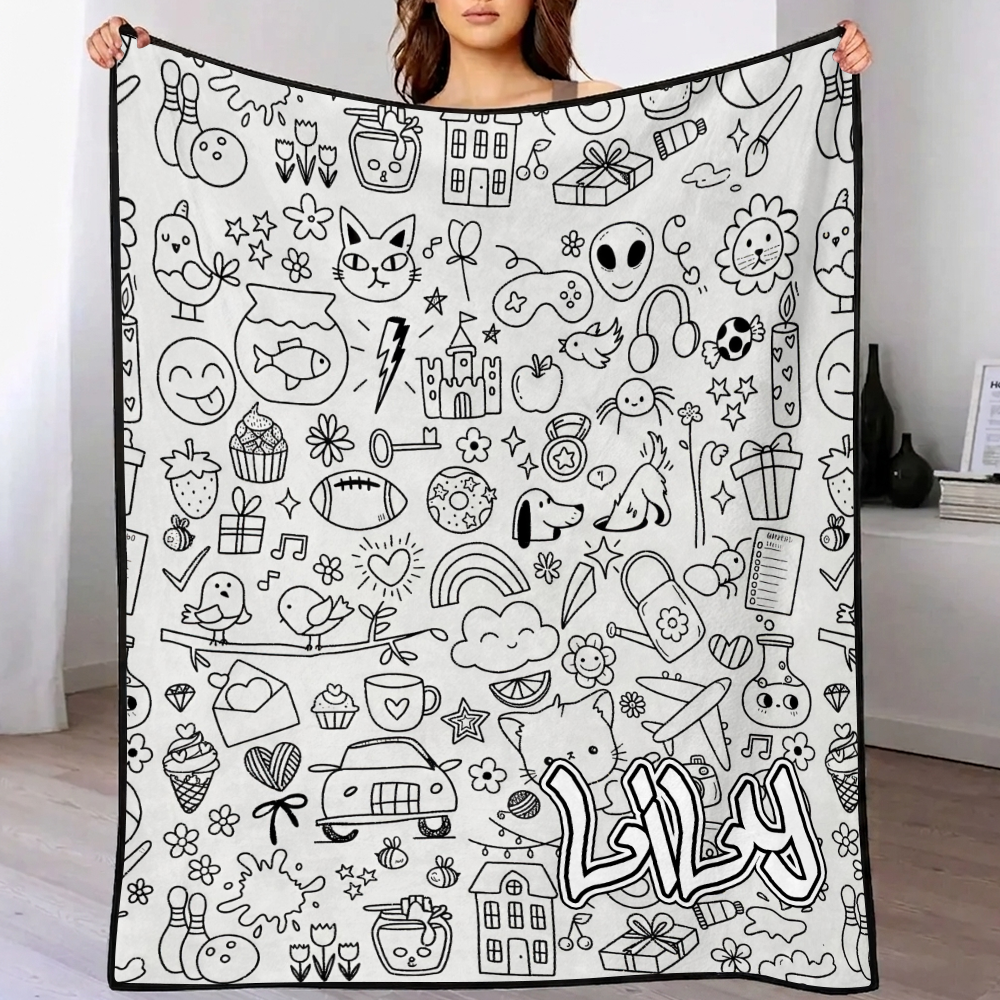 MadeMine DIY drawing and custom text blanket with 24-color markers, washable keepsake blanket for kids and adults, with creative artwork.