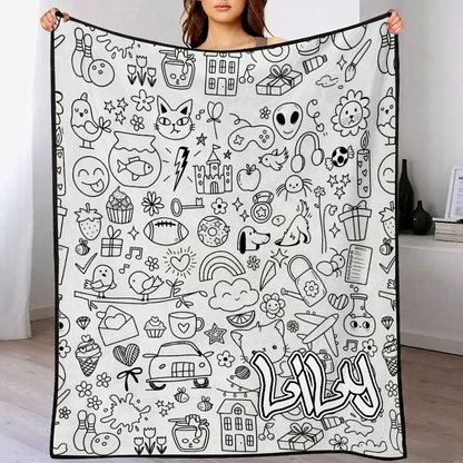 MadeMine DIY drawing and custom text blanket with 24-color markers, washable keepsake blanket for kids and adults, with creative artwork.