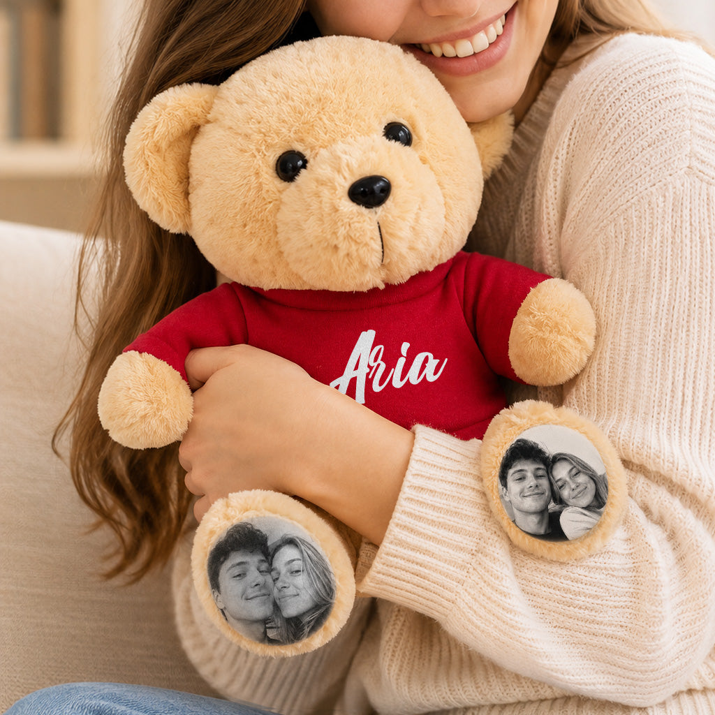 MadeMine personalized photo teddy bear with custom name, soft plush toy perfect for gift-giving and keepsakes.