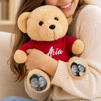 MadeMine personalized photo teddy bear with custom name, soft plush toy perfect for gift-giving and keepsakes.