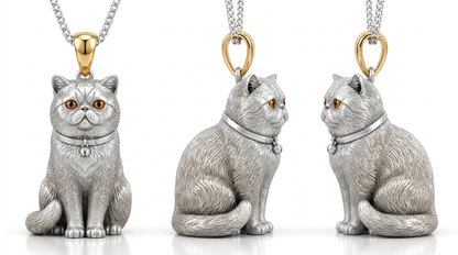 Personalized 3D pet portrait necklace featuring a sterling silver pendant with dog and cat memorial design, made by MadeMine.