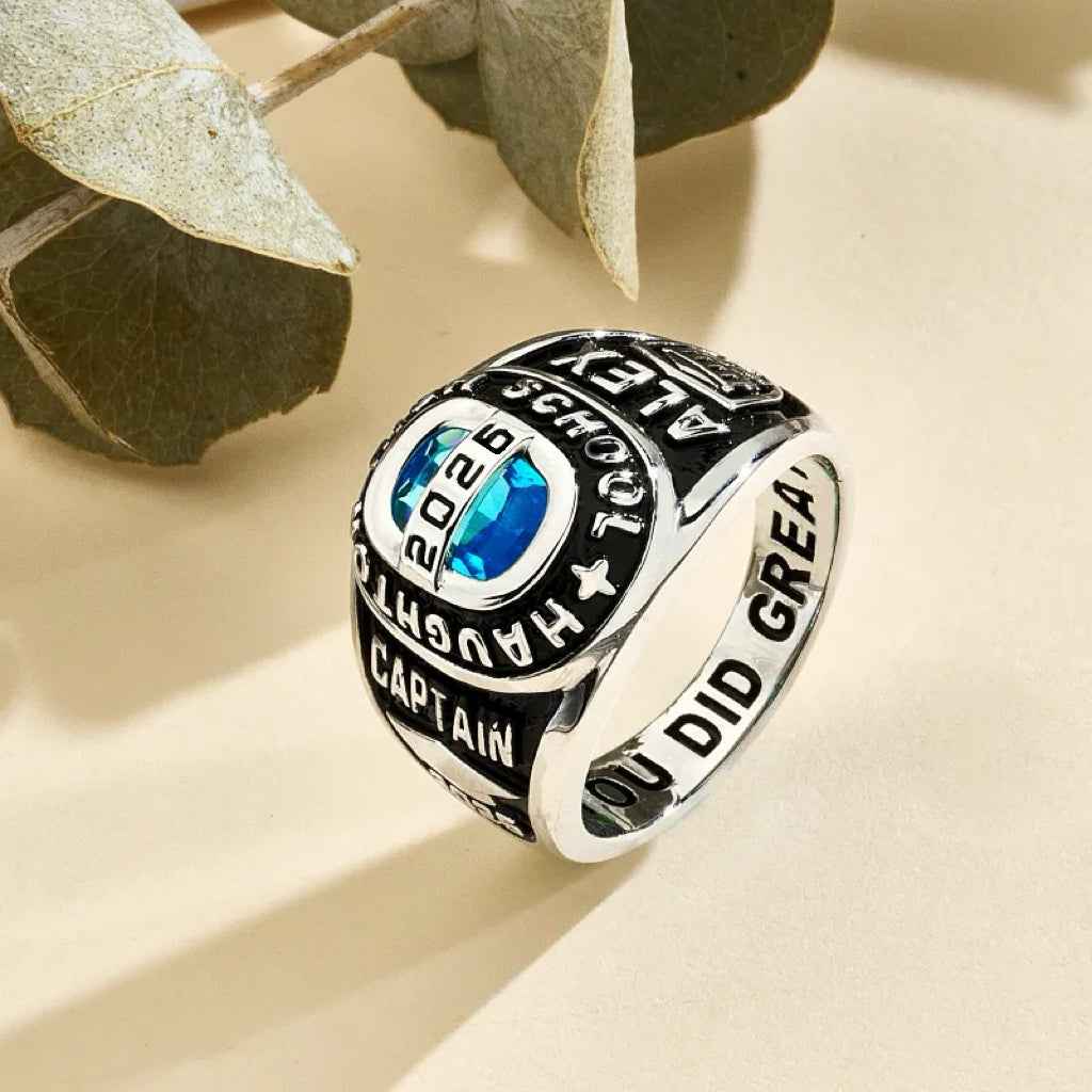 Personalized Birthstone Class Signet Ring with Engraved Symbol Name and Text Class of Graduation Gift for High School