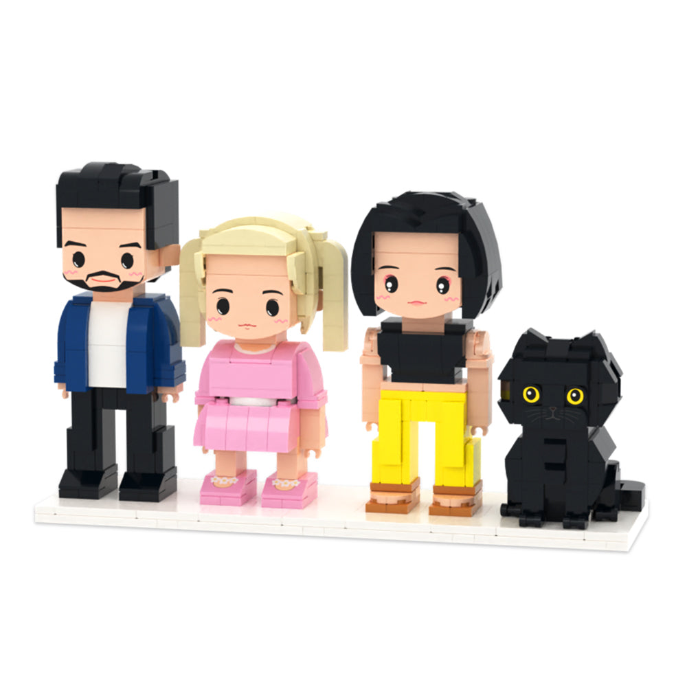 Custom full-body brick figures of three people and a cat, personalized gift from MadeMine, featuring colorful miniature brick characters.