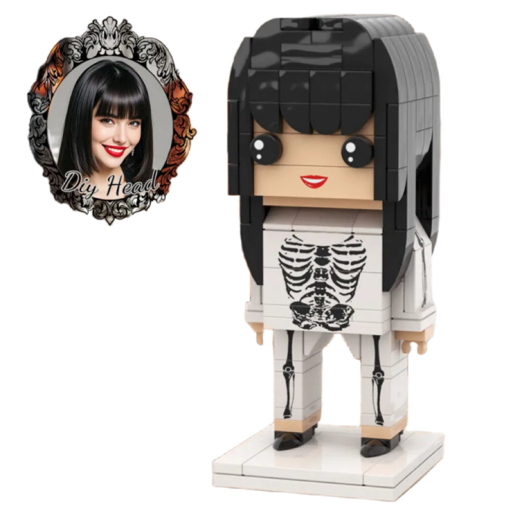 Cabeza personalizada de esqueleto de niña de terror, cabeza DIY, figuras de ladrillos de Halloween, figuras de ladrillos personalizadas, partículas pequeñas.