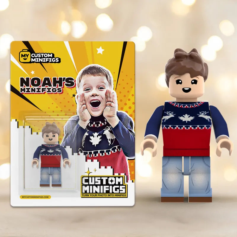 Custom full body Minifigs by MadeMine featuring personalized details, perfect as Christmas gifts, with colorful mini-figurines.