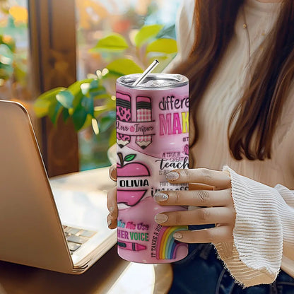 Personalized 3D Apple & Pencil Teacher Tumbler – 20oz Skinny with Lid & Straw