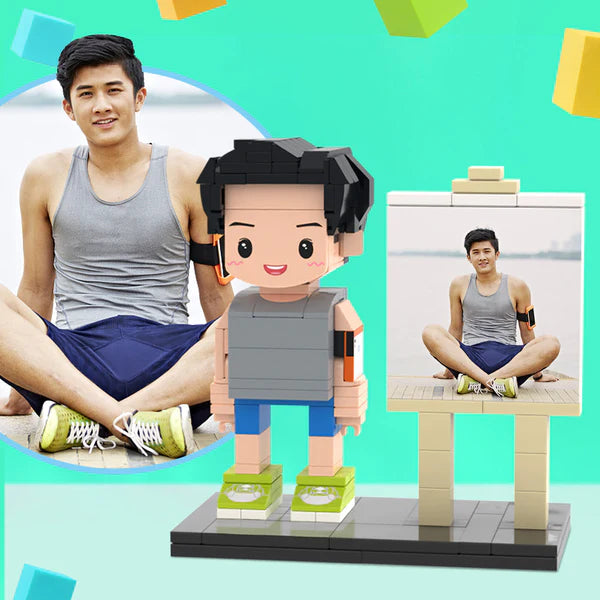Custom full-body brick figure with frame by MadeMine, personalized gift for boyfriend, detailed brick art sculpture with frame.