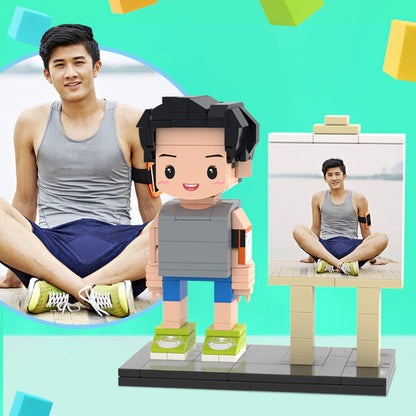 Custom full-body brick figure with frame by MadeMine, personalized gift for boyfriend, detailed brick art sculpture with frame.