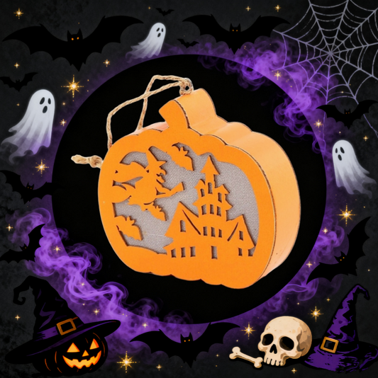 Halloween Flying Witch Scene Wooden Pumpkin Light
