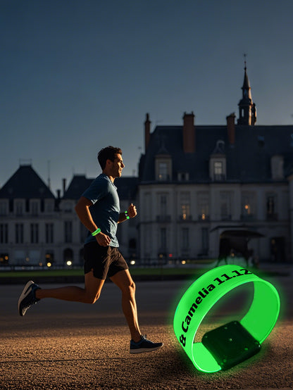 Custom LED glow bracelet by MadeMine featuring personalized photo and text, illuminated for vibrant visual effect.