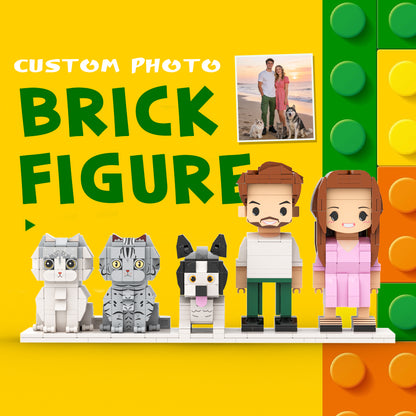 Custom Full-Body Cute Brick Figures of 2 People, 1 Dog & 2 Cats