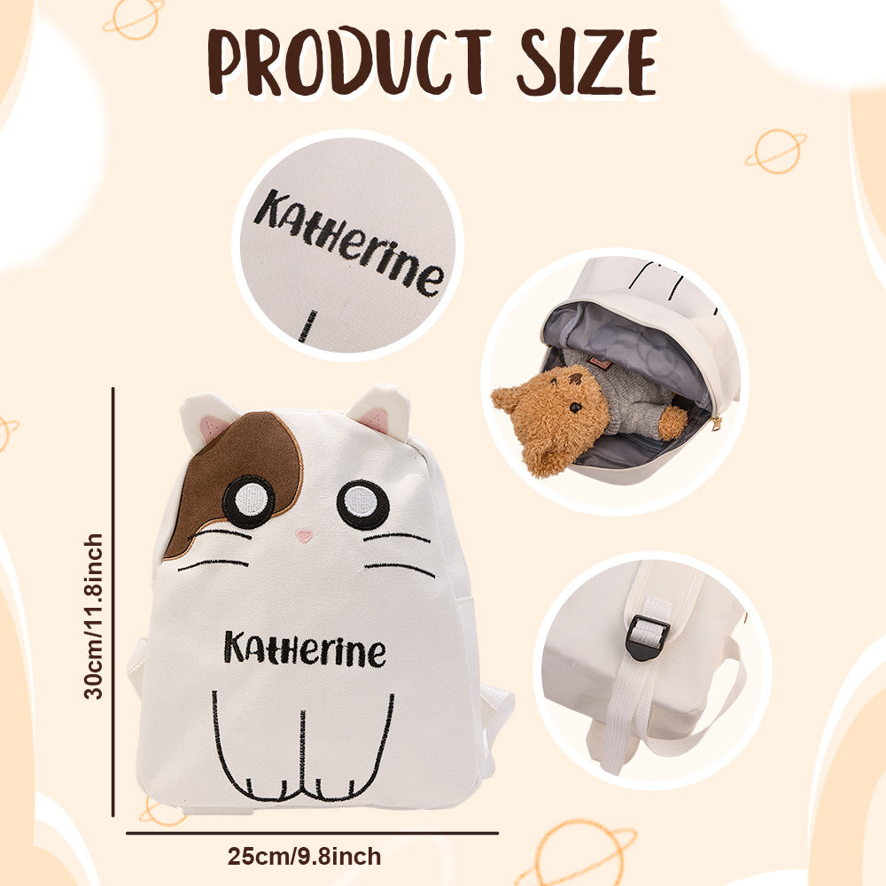 MadeMine personalized cat embroidery backpack for kids, featuring custom name design, ideal for school and everyday use.
