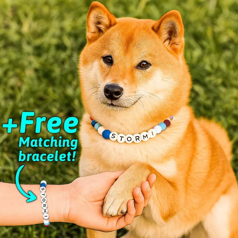 MadeMine personalized pet name necklace with matching bracelet, featuring engraved pet names on silver jewelry.
