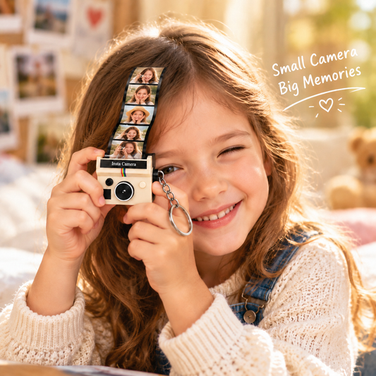 MadeMine personalized photo camera keychain for kids, mini film camera with space for 5-10 photos, featuring colorful design and keyring attachment.
