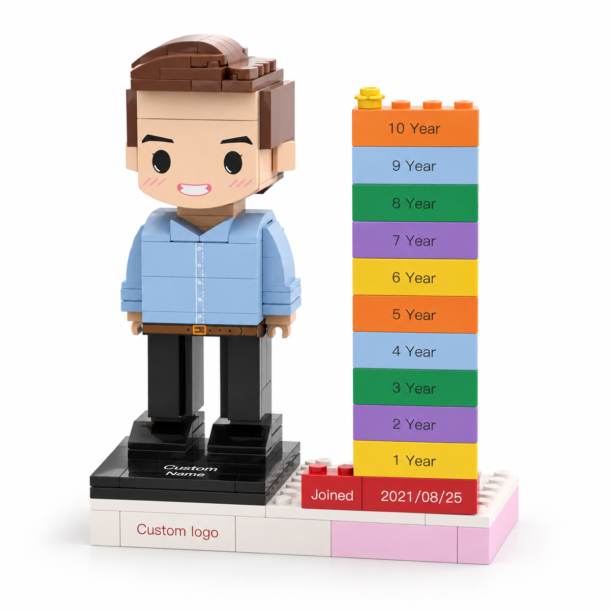 MadeMine personalized employee award brick figure with custom name, logo, and date, used as a corporate recognition gift.