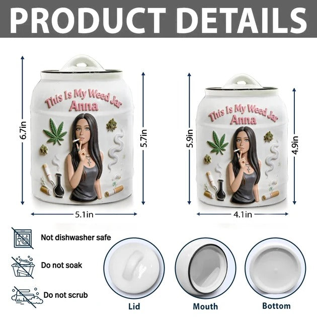 Personalized ceramic cannabis stash jar with lid, custom weed storage container for smokers, made by MadeMine