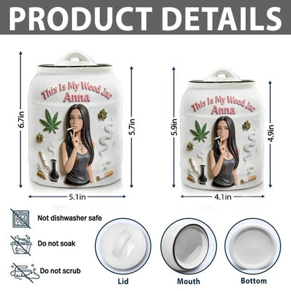 Personalized ceramic cannabis stash jar with lid, custom weed storage container for smokers, made by MadeMine