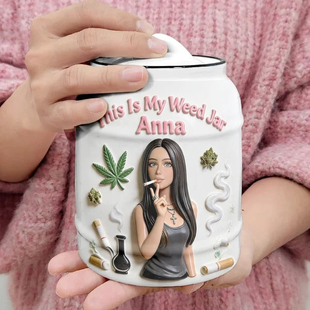 Personalized ceramic cannabis stash jar with lid, custom weed storage container for smokers, by MadeMine