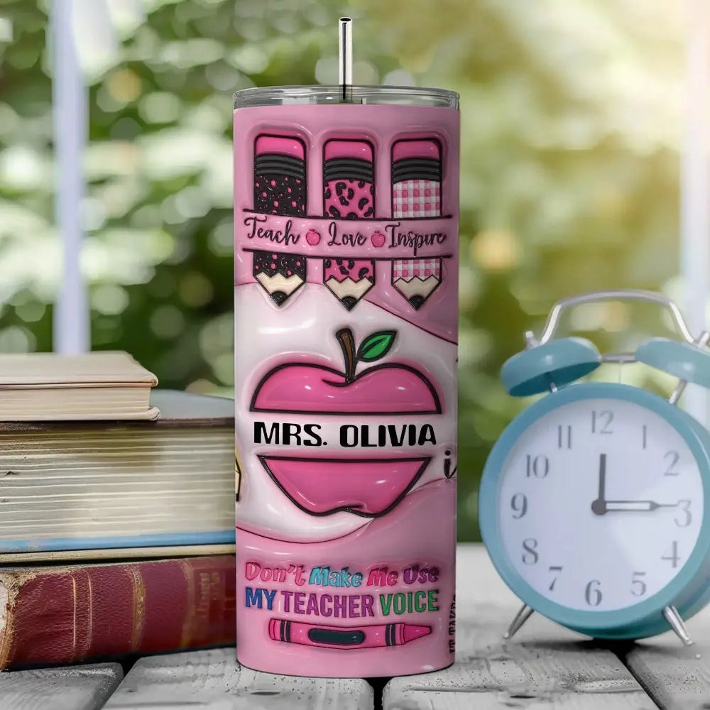 Personalized 3D Apple & Pencil Teacher Tumbler – 20oz Skinny with Lid & Straw