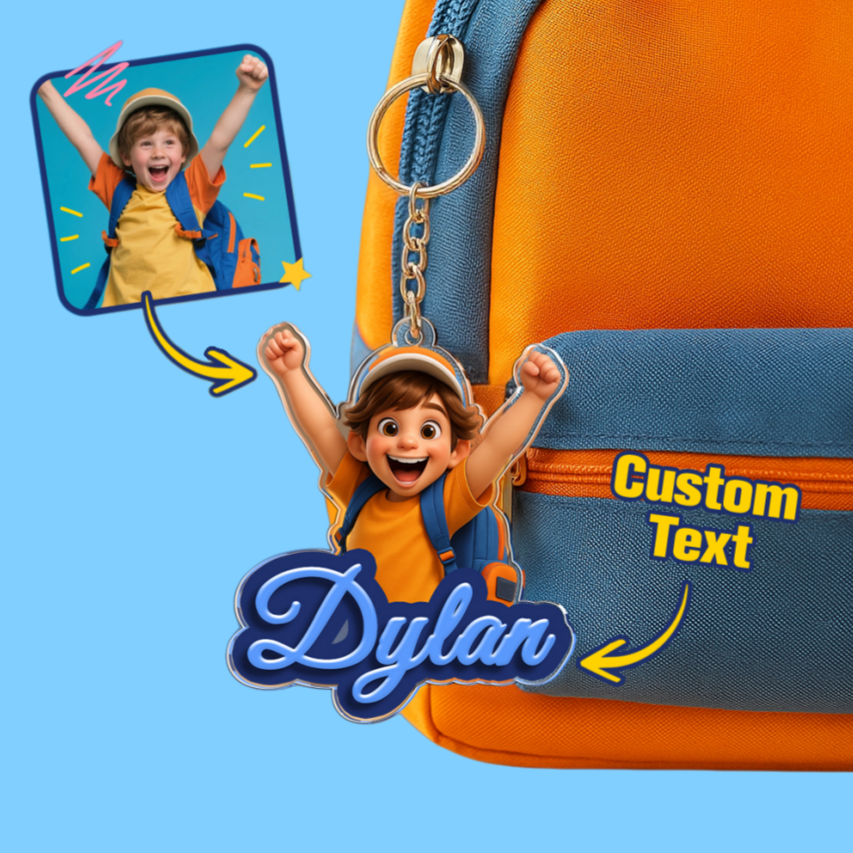 Custom cartoon photo keychain with name from MadeMine, featuring a colorful back-to-school design and a metal keyring.