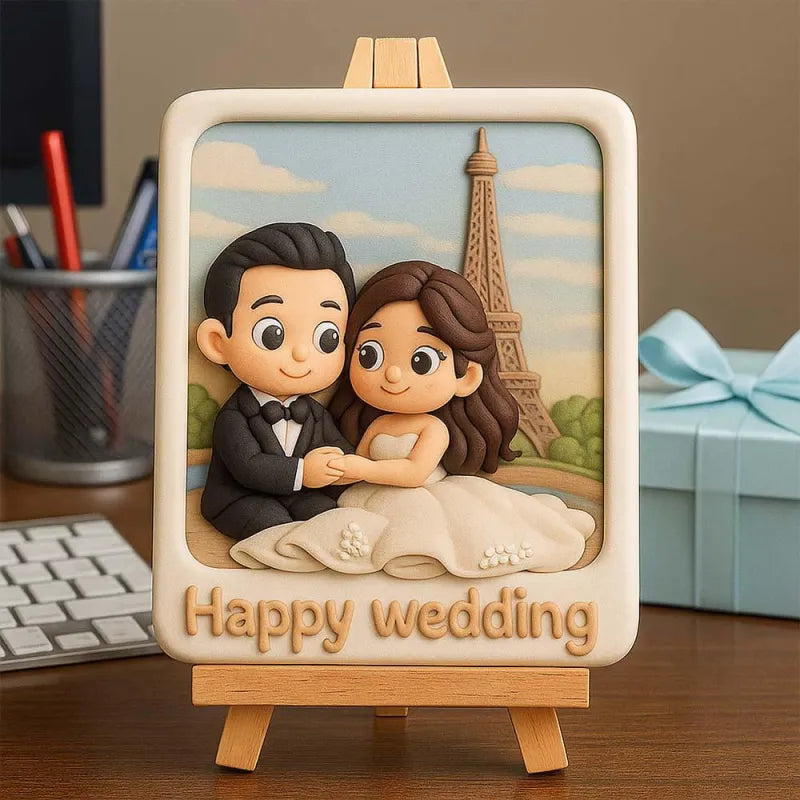 Custom 3D Wedding Figurine with Wooden Holder - Personalized Bride & Groom Gift - Mini Brick Custom