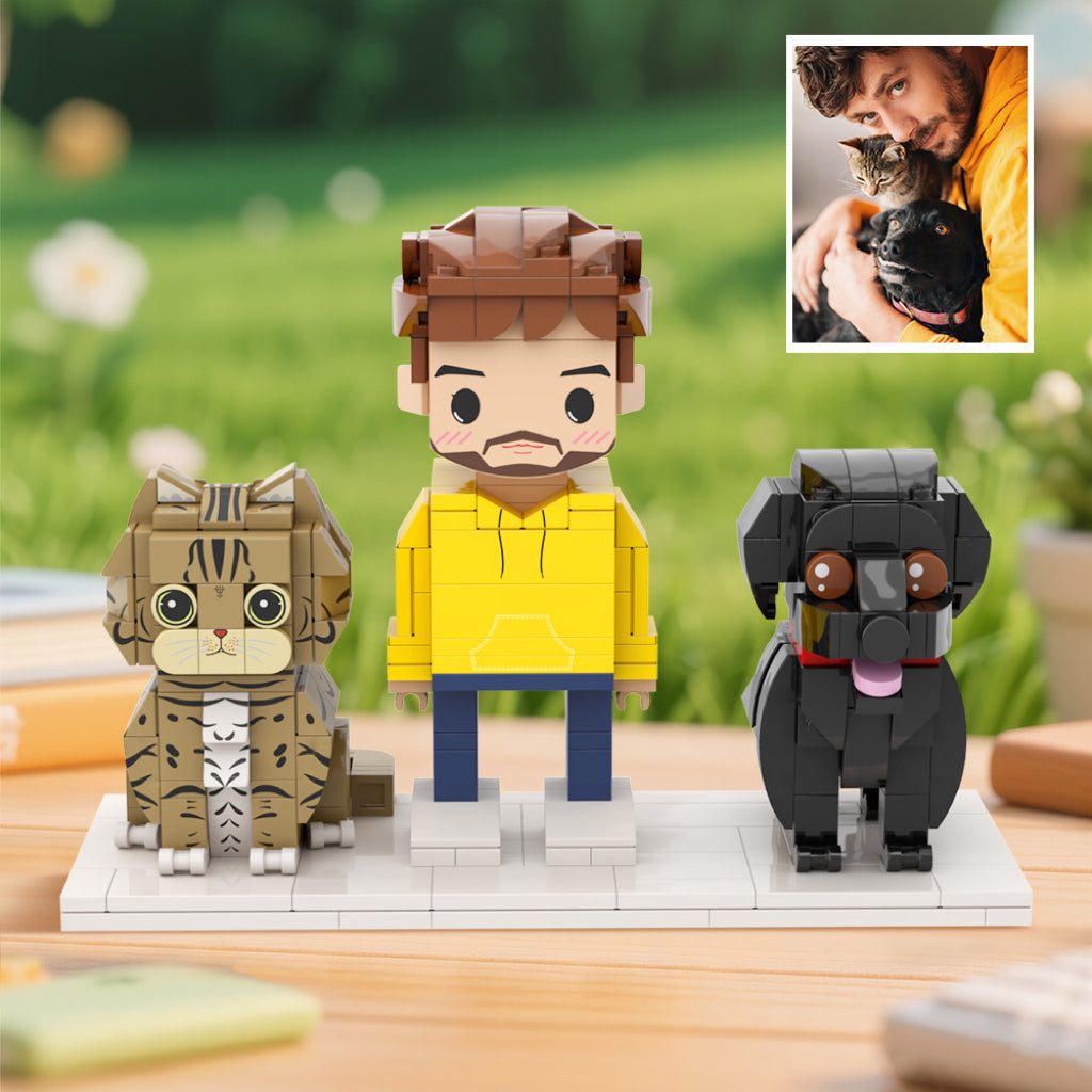 Custom Full-Body Cute Brick Figures of 1 Person, Cat & Dog