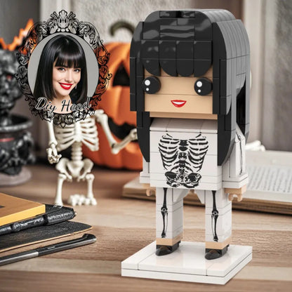 Cabeza personalizada de esqueleto de niña de terror, cabeza DIY, figuras de ladrillos de Halloween, figuras de ladrillos personalizadas, partículas pequeñas.