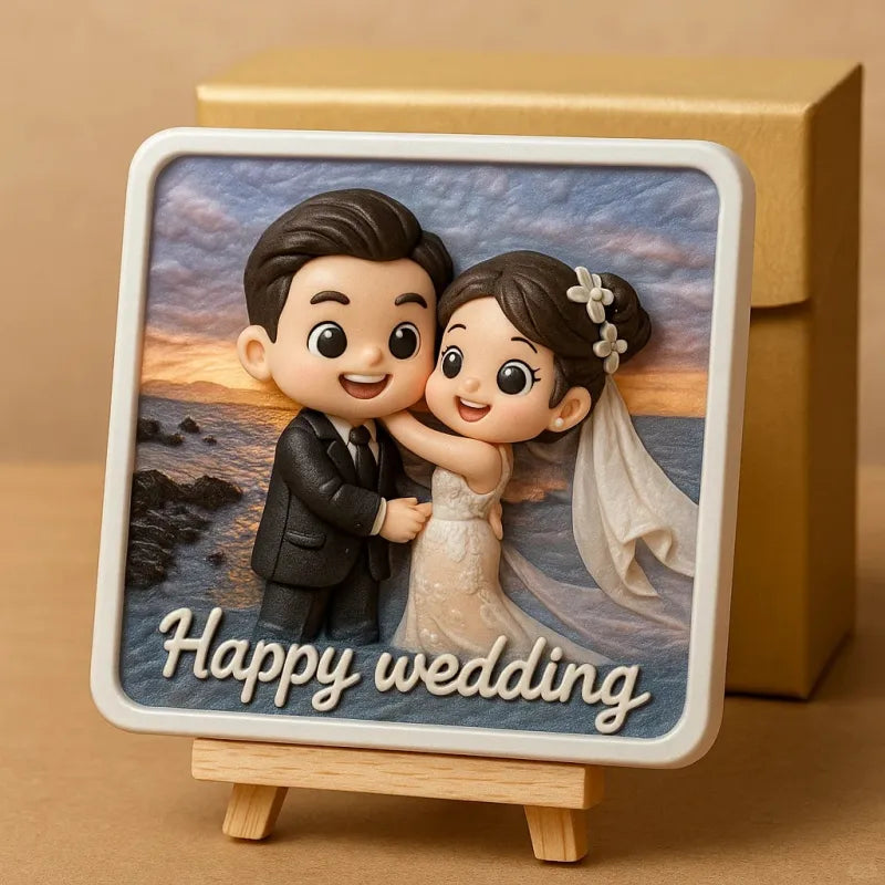 Custom 3D Wedding Figurine with Wooden Holder - Personalized Bride & Groom Gift - Mini Brick Custom