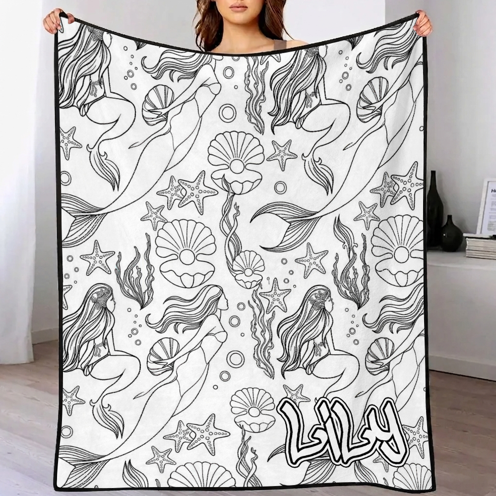 DIY drawing and custom text blanket by MadeMine featuring colorful markers, washable keepsake blanket for kids and adults.