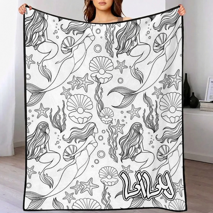 DIY drawing and custom text blanket by MadeMine featuring colorful markers, washable keepsake blanket for kids and adults.