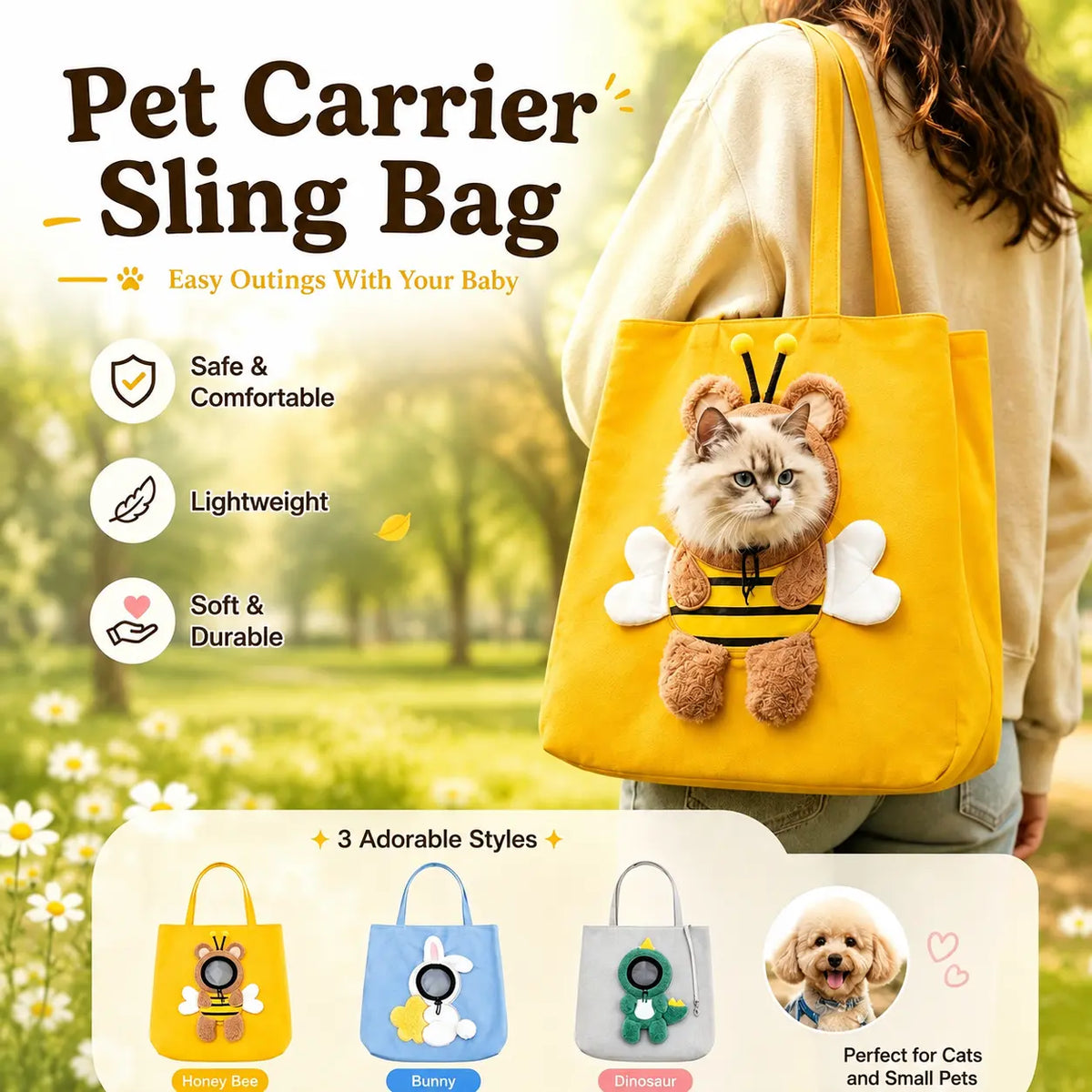 MadeMine personalized pet carrier sling bag with breathable canvas, designed for small dogs and cats, featuring a custom name.