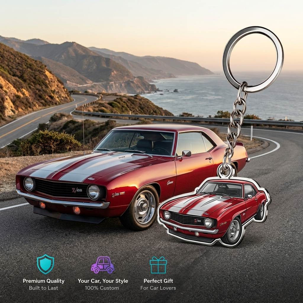 Personalized MadeMine acrylic car-shaped keychain with custom photo, ideal for vehicle lovers and unique gift ideas.