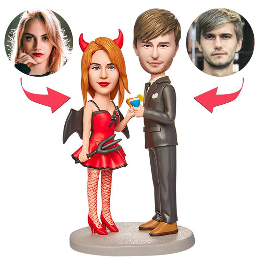 Custom Demon Couple Bobblehead with engraved text, Halloween-themed gift, MadeMine brand, featuring two demon figures with detailed features.