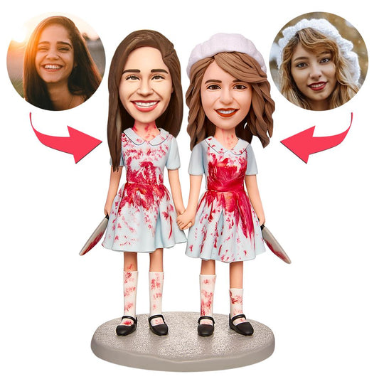 MadeMine Halloween Twins holding hands custom bobblehead with engraved text, featuring detailed twin figurines for Halloween decorations.