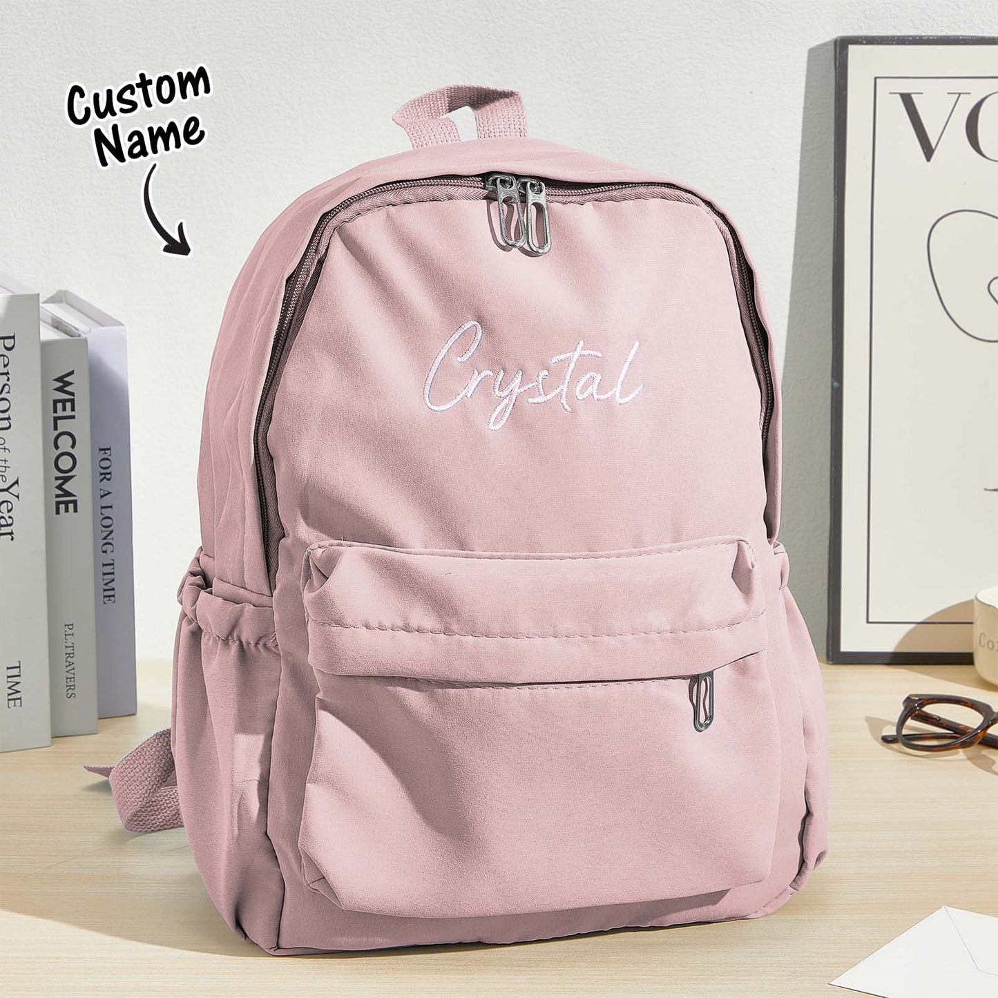 Personalized embroidery name backpack by MadeMine, custom canvas school bag with colorful design for kids.