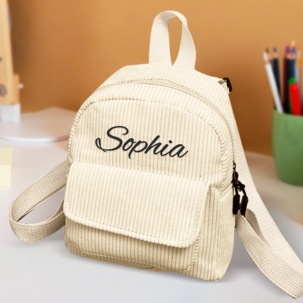 MadeMine personalized mini corduroy backpack with custom name, perfect for kids' school bag and back-to-school gift.