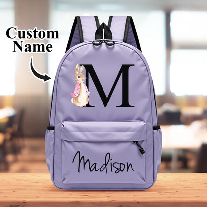 MadeMine personalized kids' backpack with a cute rabbit design, featuring a customizable name for school or back-to-school use.