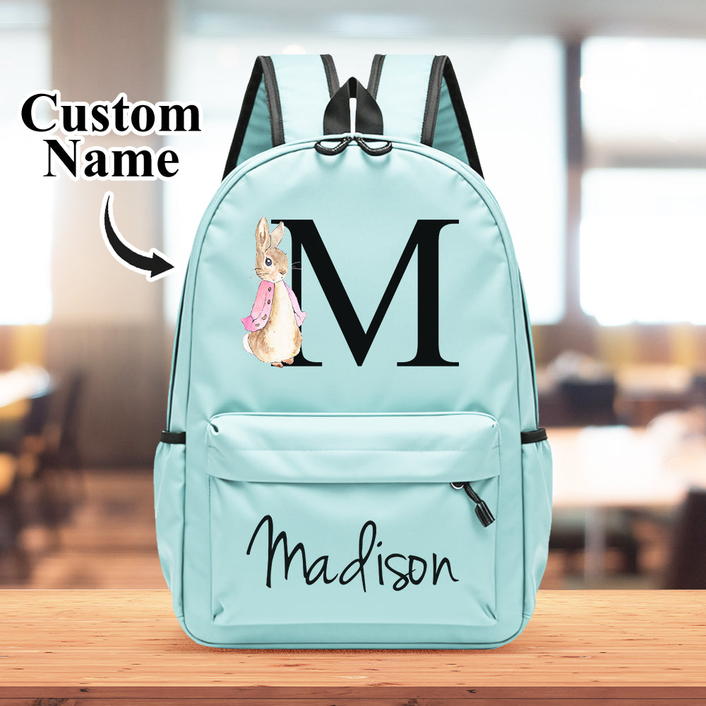 MadeMine personalized kids backpack with a cute rabbit design, featuring a custom name for school or back-to-school gift.