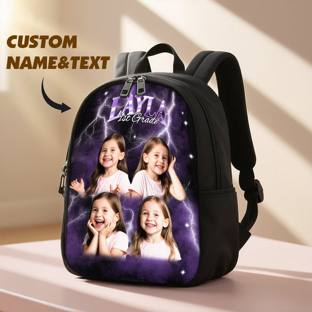 MadeMine personalized Lightning backpack with custom photo and name, featuring vibrant colors and adjustable straps for school use.