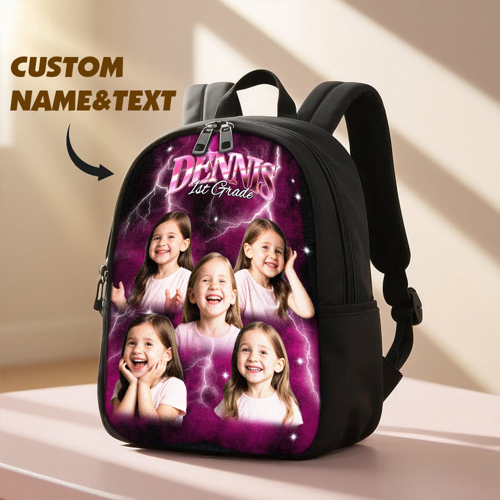 Custom lightning backpack with personalized photo and name from MadeMine, featuring a vibrant school bag design and adjustable straps.